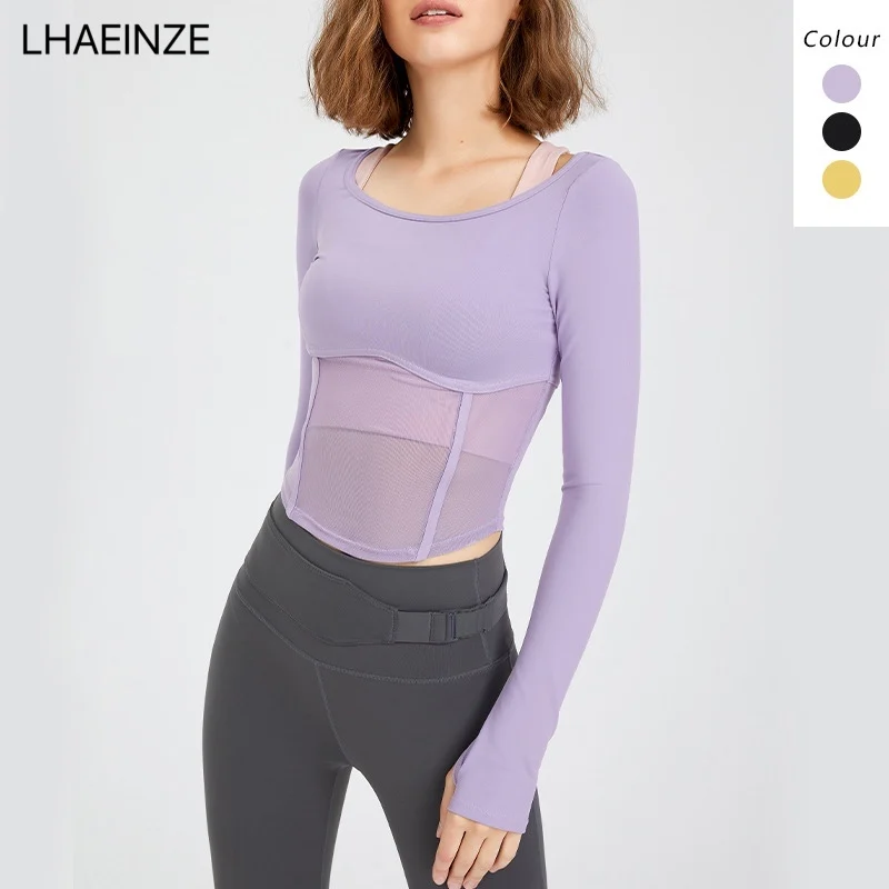 

LHAEINZE 2021 Autumn and Winter Sexy Yellow Long Sleeve Fitness Tops Women Workout Gym Sport Running Yoga Slim Black T-shirt