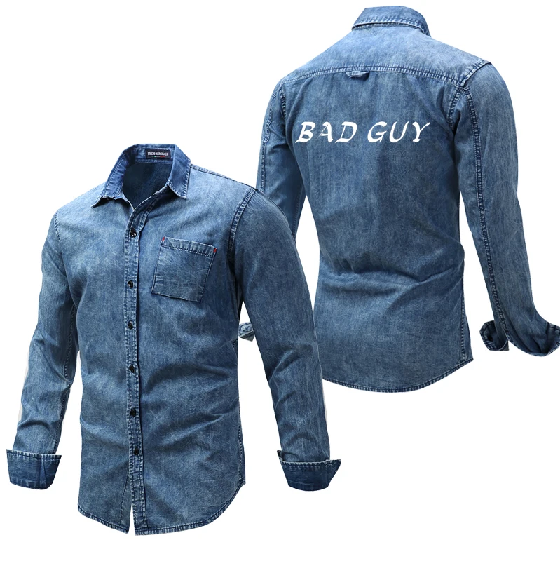 

Джинсовая куртка унисекс с индивидуальным логотипом, рубашка с длинным рукавом для плохих парней, верхняя одежда большого размера, Повседн...