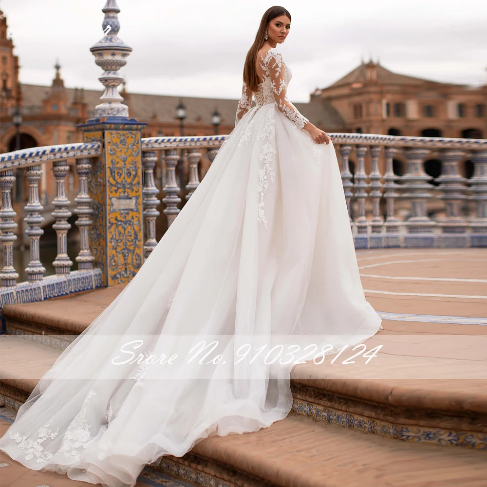 

Lhuilier A-line Elegant Lace Appliques Wedding Dresses 2020 Full Sleeves Floor Length Lace Up Bridal Dress with Court Train
