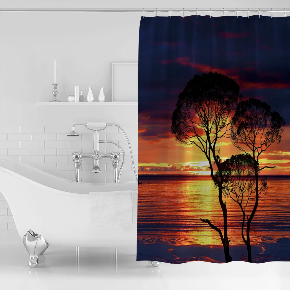 Тени в сумерках на море и силуэт деревьев занавески для душа с медитацией дизайн