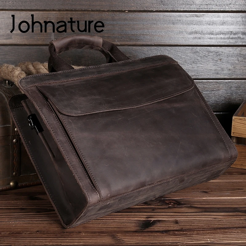 

Johnature Genuine Leather Briefcase 2021 New Retro Crazy Horse Mens Business Bag Large Capacity Men Shoulder Messenger Bag