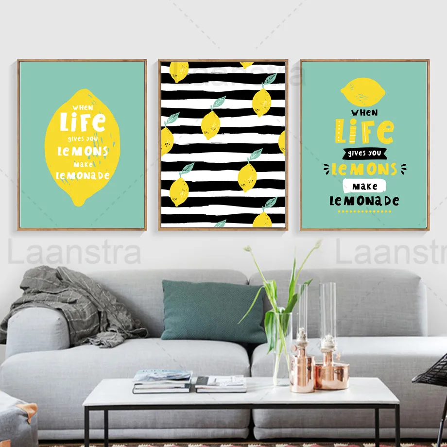 

Lemon Yellow Mint Green Background Decorative Painting Black and White Stripes Living Room Home Canvas Painting Poster Lemonade