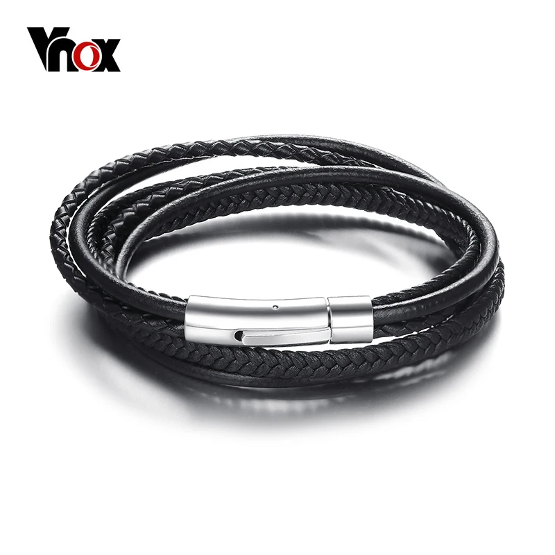Мужской браслет цепочка Vnox черный из натуральной кожи Подарочная бижутерия для