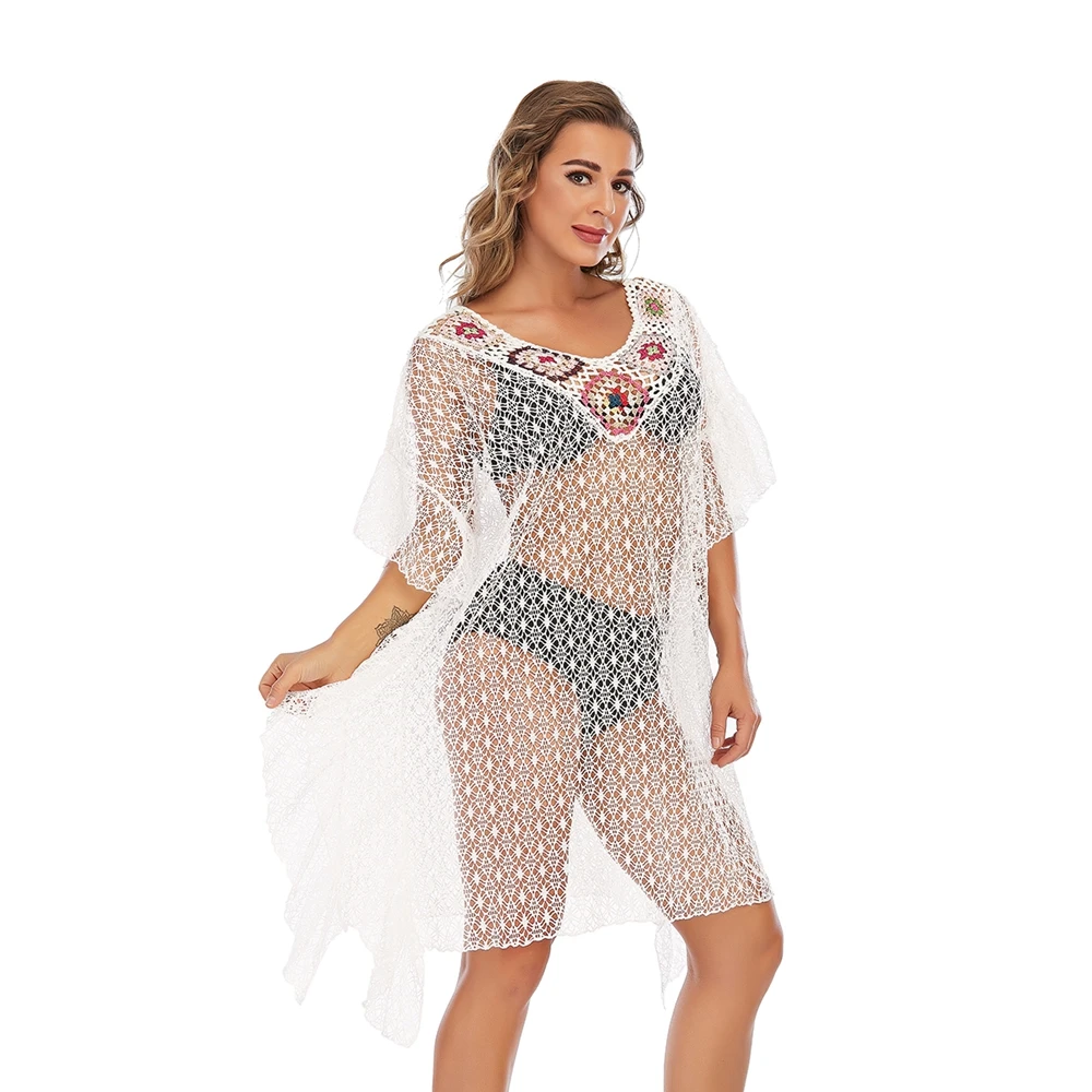 CGYY 2021 See Through Crochet Knitted White Beach Tunic Cover Up Summer Clothes For Women Bikinis Swimwear Sexy V Neck Beachwear