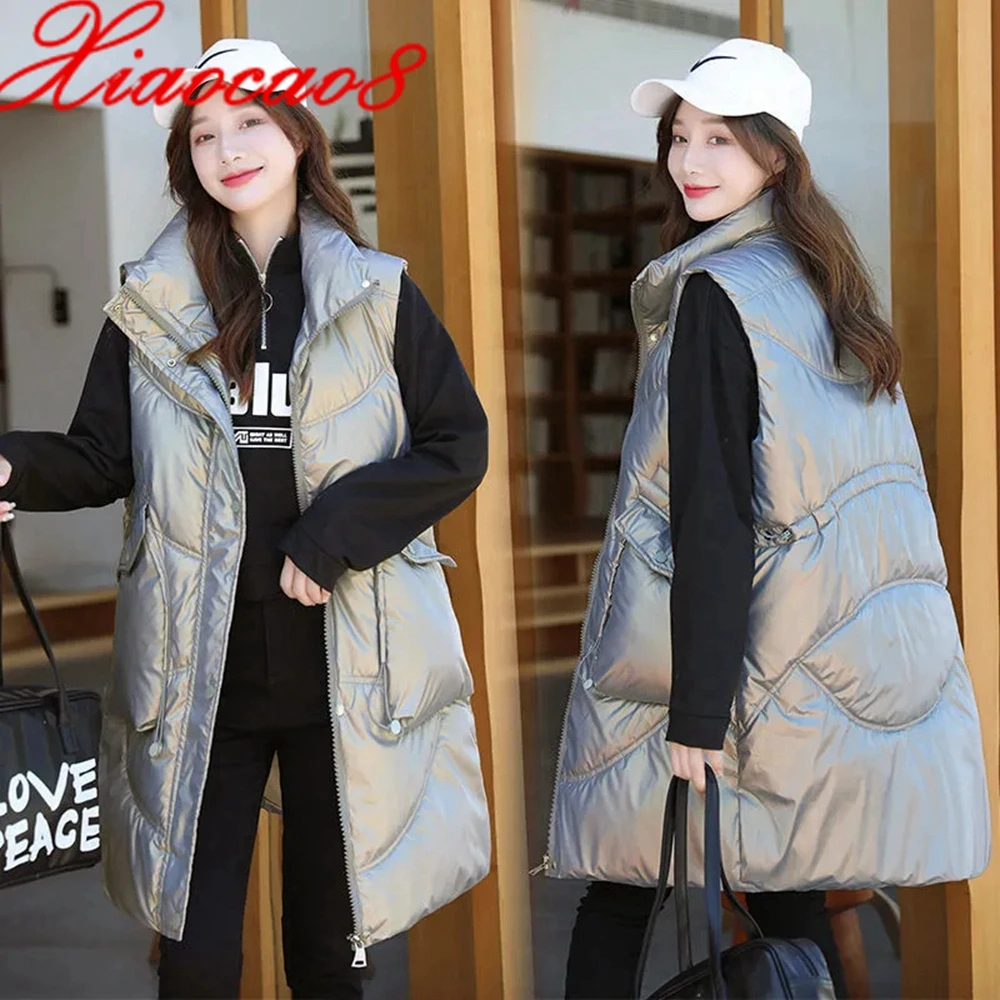 

Glossy Down Cotton Vest 2021 Winter New Women's Thick Long Vest Black Gray Stand Collar Vests For Women Sleelveless Jacket Coat