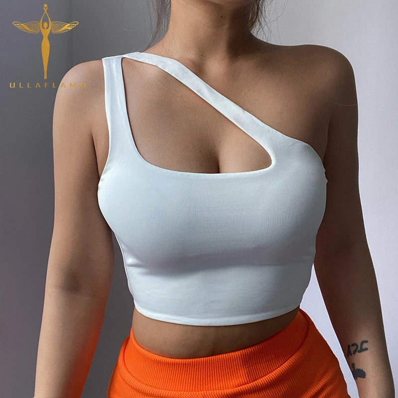 

Summer Crop Tops Womens Sexy Hollow White Tank Vest One-Shoulder Skinny Elastic Camisole Female Bottom Slim Tank Top Mujer Camis