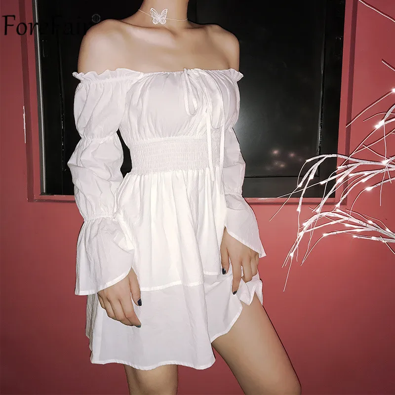 Forefair с открытыми плечами рюшами с пышными рукавами Boho Платье Белое Женское с рюшами пляжное платье без бретелек повседневное хлопковое с длинным рукавом Сарафаны