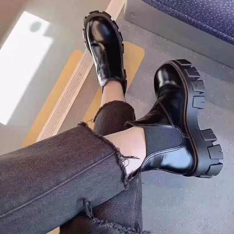 

Newest Real Leather Platform Boots Women Round Toe Gear Thick Bottom High Heel Boots Ladies Luxury Ankle Boots