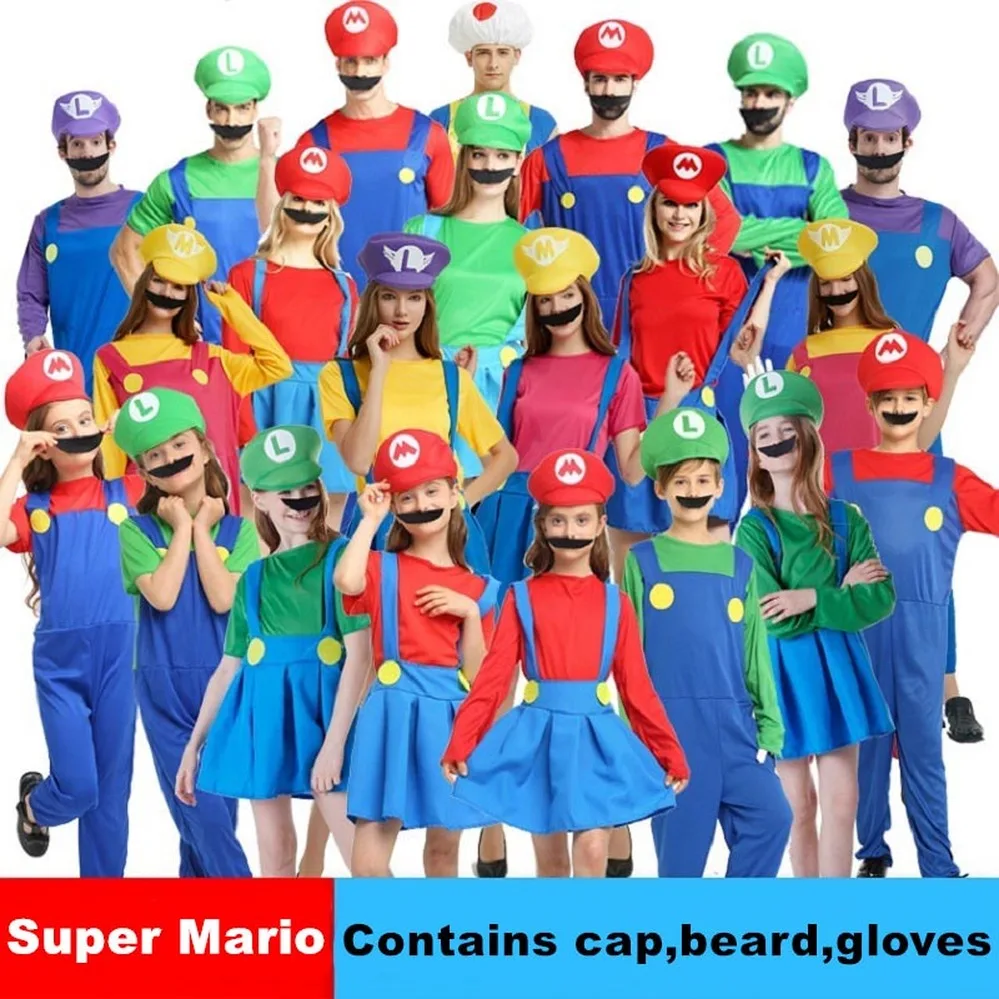 

Adult Halloween Super Mario Costumes Cosplay Children family Funy Luigi Bros Plumber Purim Costume Fancy Christmas party Dress