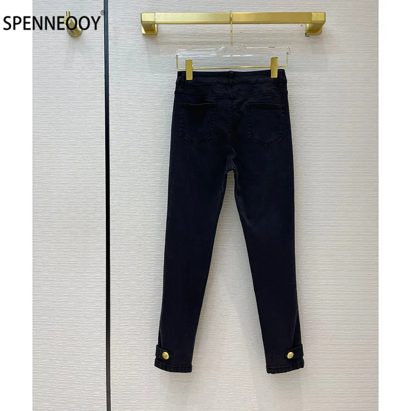 SPENNYMOOR 2021 Designer Brand High-End Custom Black Denim Pencil Pants Women Golden Buttons Elastic Ankle-Length Pants