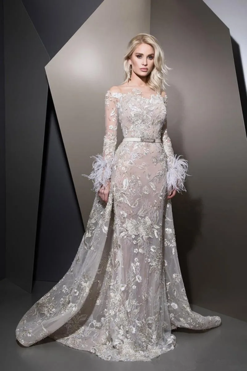 2020 Feather Prom Dresses With Detachable Train Long Sleeve Dubai Arabic Evening Dress Formal Party Wear Robes De Soirée