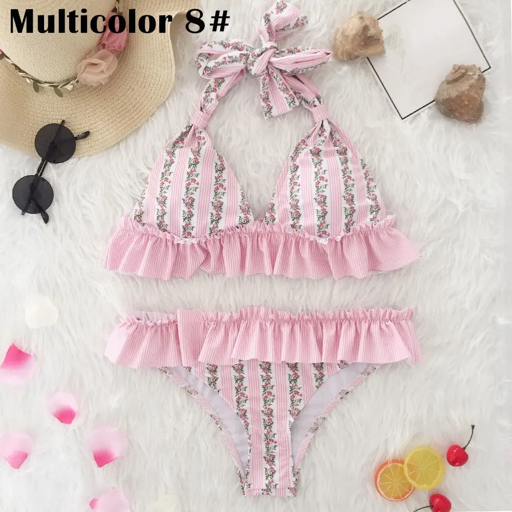 Multicolor 8 Цветочный купальник с бретелькой через шею, сексуальный, бикини для женщин, гофрированный купальник-бикини треугольной формы с v-образным вырезом, купальный костюм, пляжная одежда с открытой спиной, бикини - Цвет: Multicolor 8