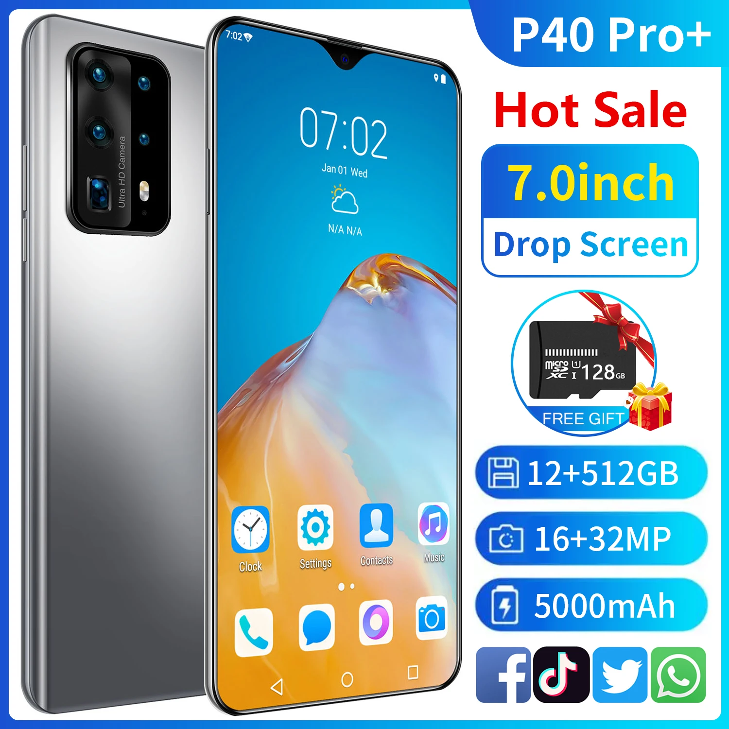 

NEW P40 Pro+ Smartphone 12GB+512GB Large Memory 7.0inch Screen for Huawei Cellphone Face Unlock 5G Three Card Mobile Phone