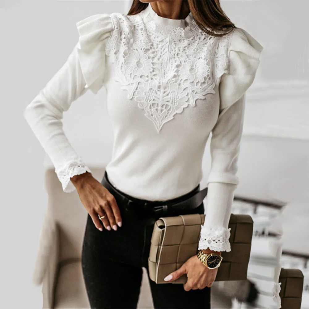 

FAKUNTN Lace Patchwork T-shirt Long Sleeve Turtleneck Skinny Tshirt Autumn Winter Fashion Slim Butterfly Sleeve Solid T Shirt