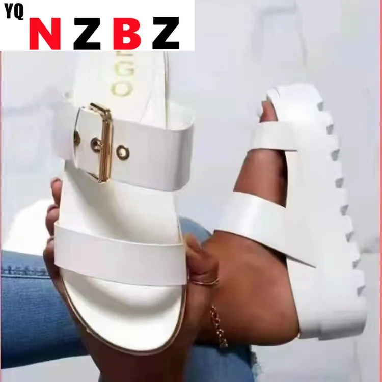 

Size 36-43 2022 Summer Fashion Buckle Flat Leather Slippers Woman Brand Designer Socofy Slip on Loafers Mules Flip Flops Casual