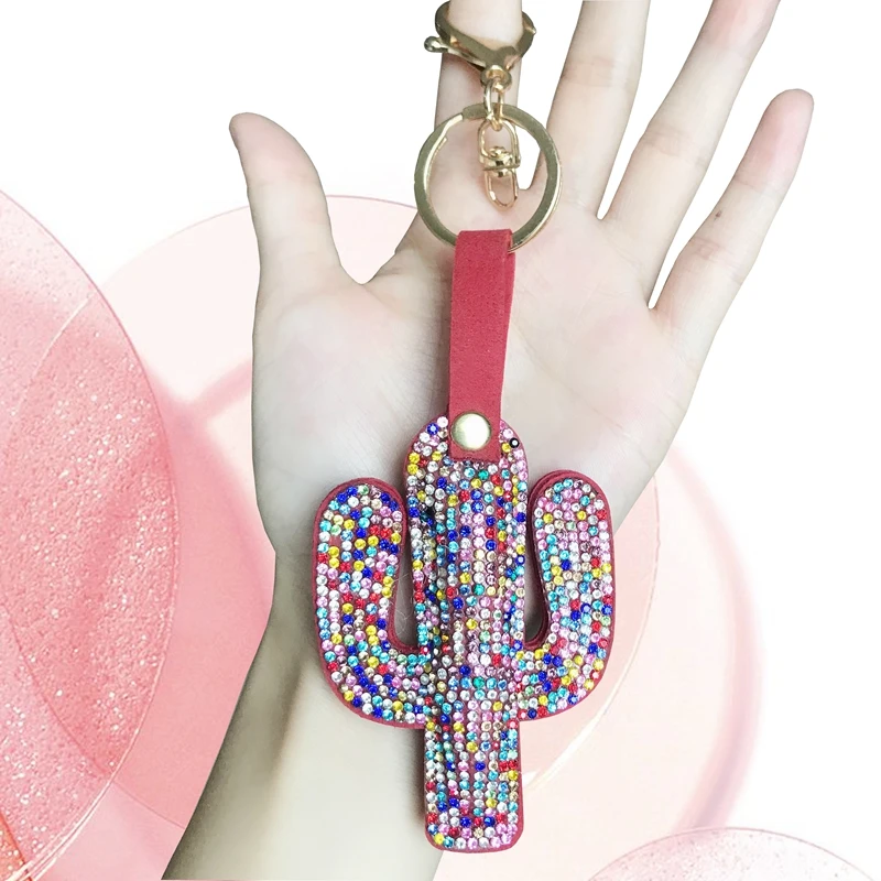 Red Cute Cactus Shiny Keychain Red Color Rhinestone Tassel Key Chain Keychains For Women Car Bag Accessories Pendant Simple Key Ring - Цвет: Red