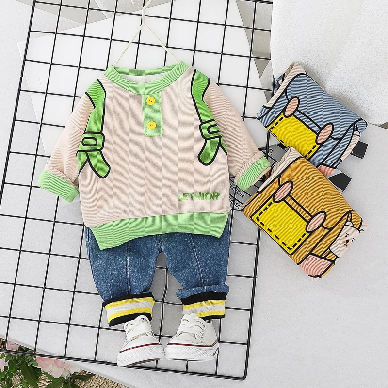 Комплекты детской одежды для девочек и мальчиков милый рюкзак футболка джинсы