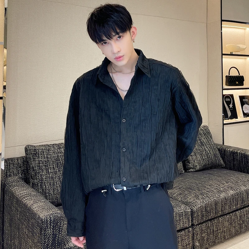 

Men's Korean Streetwear Fashion Loose Casual Shirts Tops Black White Pleated Fabric Long Sleeve Shirts