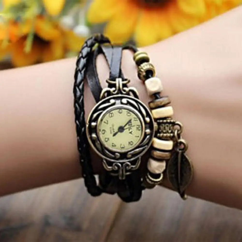 Vintage Ladies Woven Beads Bracelet Quartz Wrist Watch Decorative Leaf Pendent Round Dial Leather Button Brown Wristwatch | Наручные часы