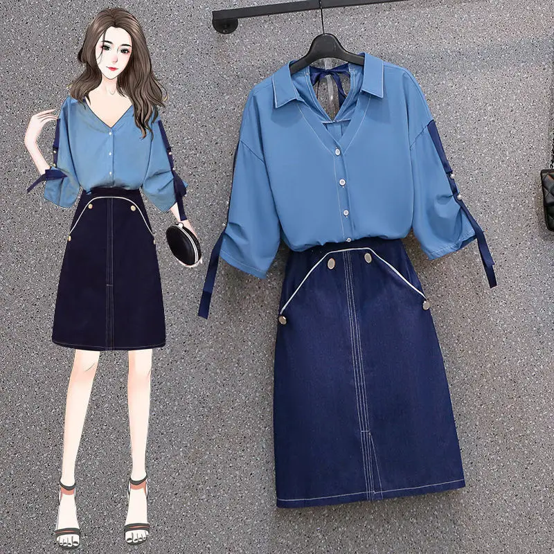 

Plus Size Women's 2021 Summer Suit Fashion Temperament Half-Sleeved Shirt Commuter Style Denim Knee-Length Skirt Two-Piece