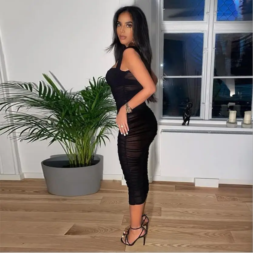 Цельнокроеное женское платье на бретелях Новое поступление 2020 черное Сетчатое