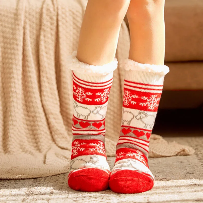 toivotuksia autumn winter thicken plush knitted cotton socks women non slip home floor socks warm mid calf hosiery for house sli free global shipping