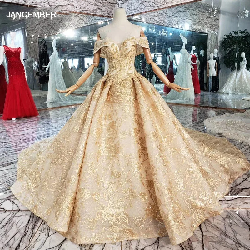 

HTL366 golden lace wedding dresses with royal train off shoulder appliques luxury bridal gowns for women свадебный халат