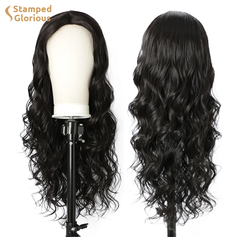 

Stamped Glorious Long Wavy Black Wig with Baby Hair Middle Part Wigs with lace hairline for Women Natural Looking Full Wigs