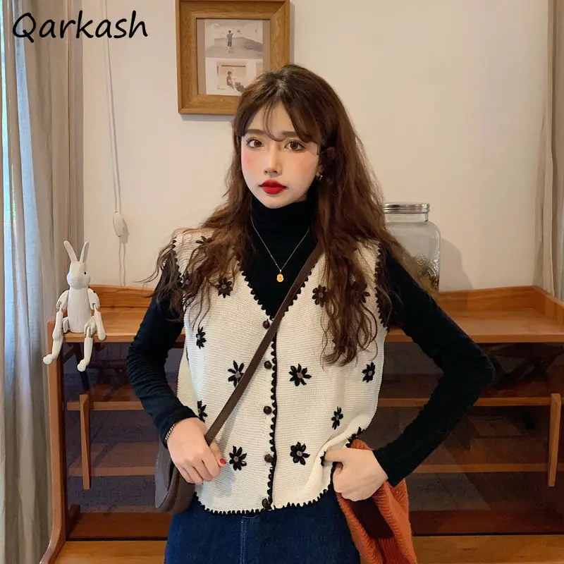 

Sweater Vests Women Embroidery Design V-neck Leisure Retro Ladies Knitted Clothes Basic Mujer Ropa Daily Single Breasted Simple