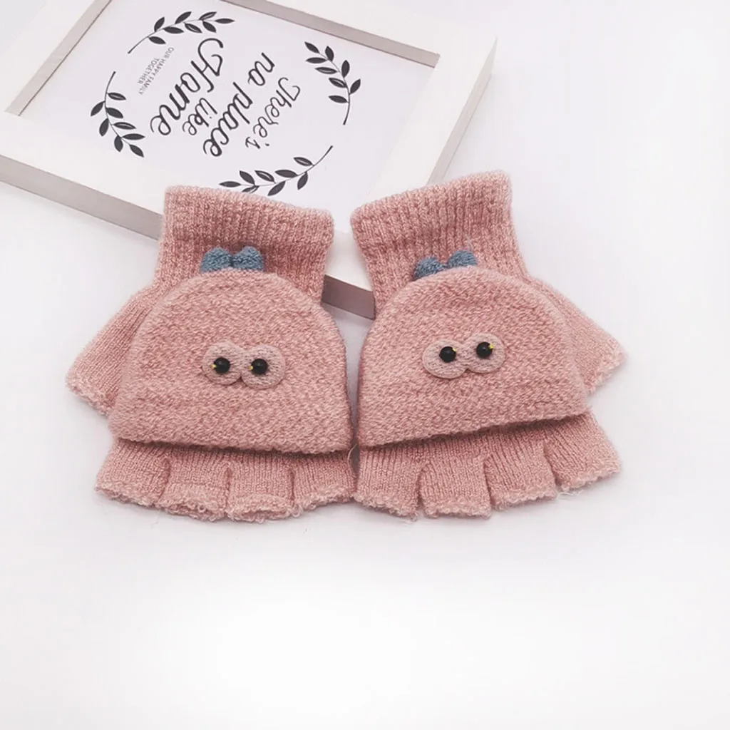 Детские зимние теплые вязаные перчатки с рисунком кота из мультфильма для