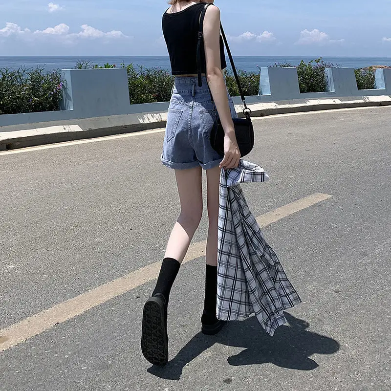 

New denim shorts women's high waist thin wide leg pants double breasted hemmed women's shorts Summer Black A-line pants thin