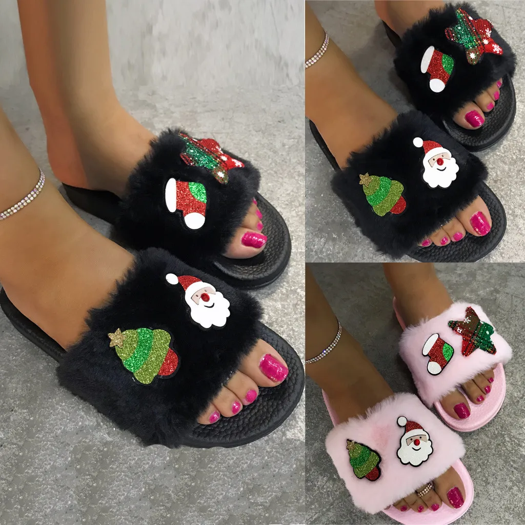 

Winter Women Home Slippers with Christmas Faux Fur Fashion Warm Shoes Woman Slip on Flats Female Slides Black Pink Plus Size