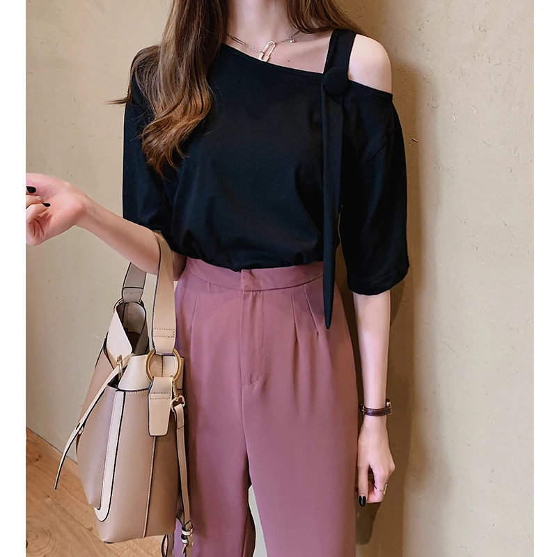 2021 модная летняя футболка с короткими рукавами и Цвет косой воротник шифоновая