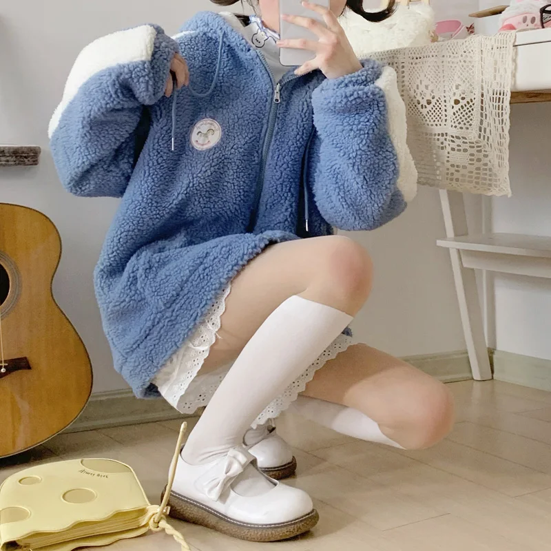 Sweet Cute Kawaii Girl Lolita Jacket 2021 Winter New Warm Thick Zip Up Vintage Faux Fur Coat Pink Blue Loose Hooded Jacket Women