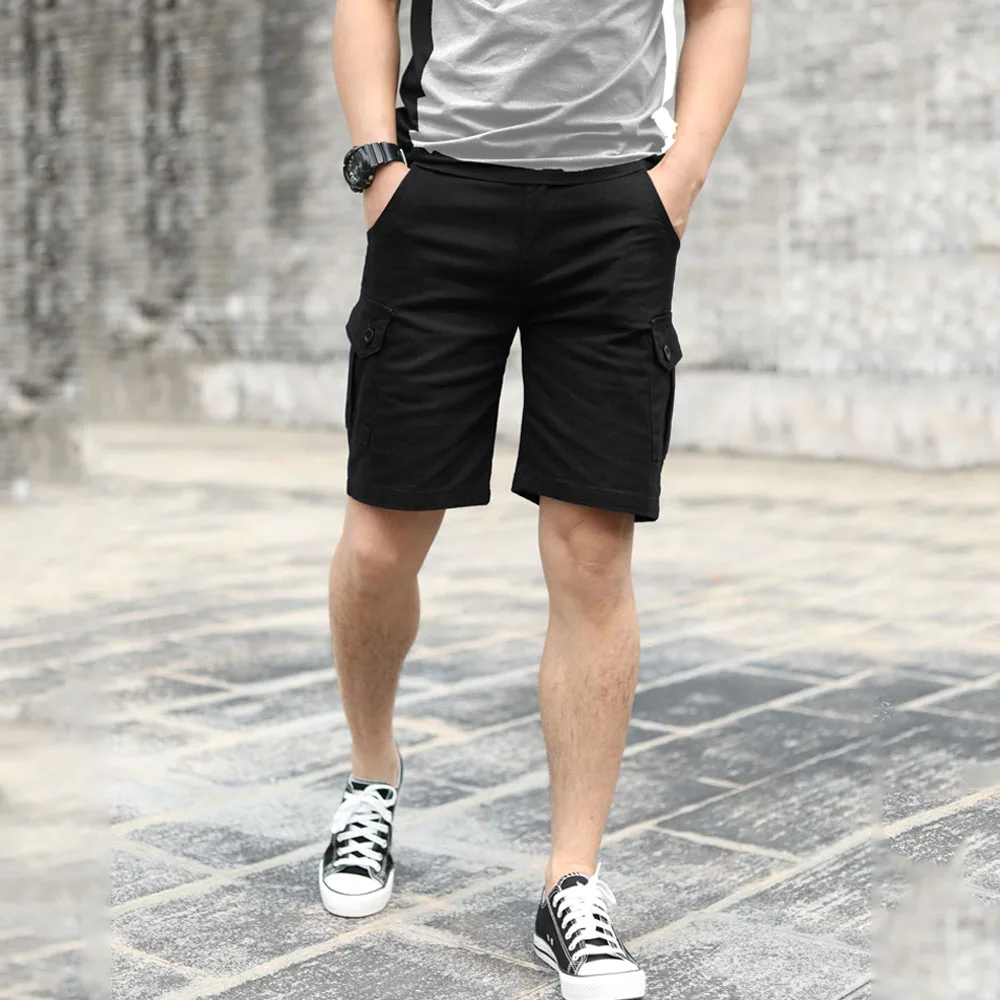 

Summer White Multi-pocket Shorts Men's Working Casual Knee Length Pants Trend Loose Large Size Straight Pants