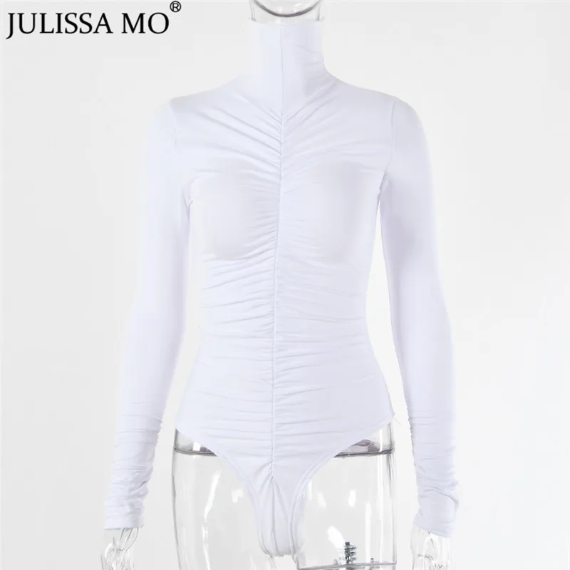 

Autumn Cotton Ruched Sexy Bodysuit Women Long Sleeve Turtleneck Bodycon Rompers White Casual Body Tops Streetwear New