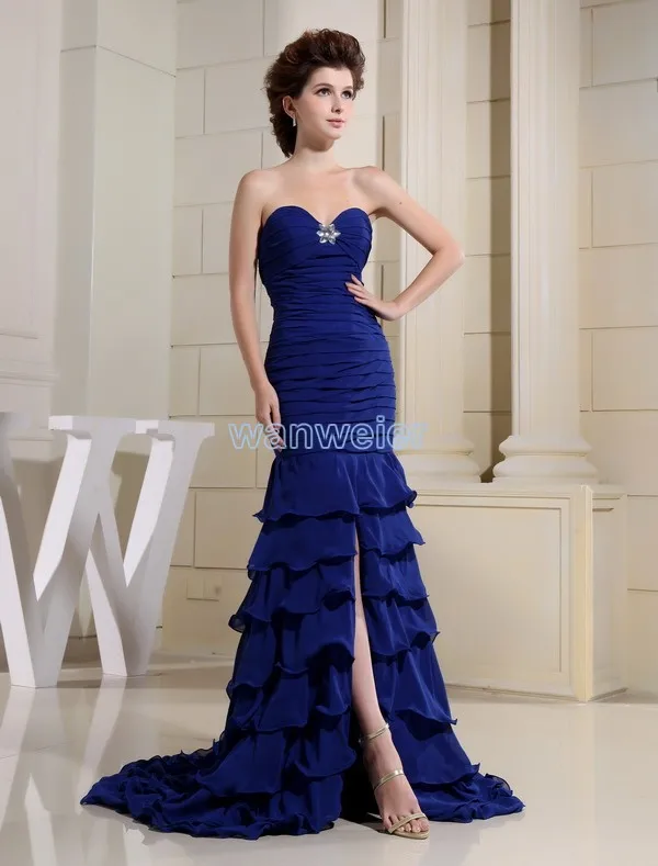 

free shipping 2015 formal dress royal blue tiered long Mermaid prom gown new design brides custom size/color evening Dress
