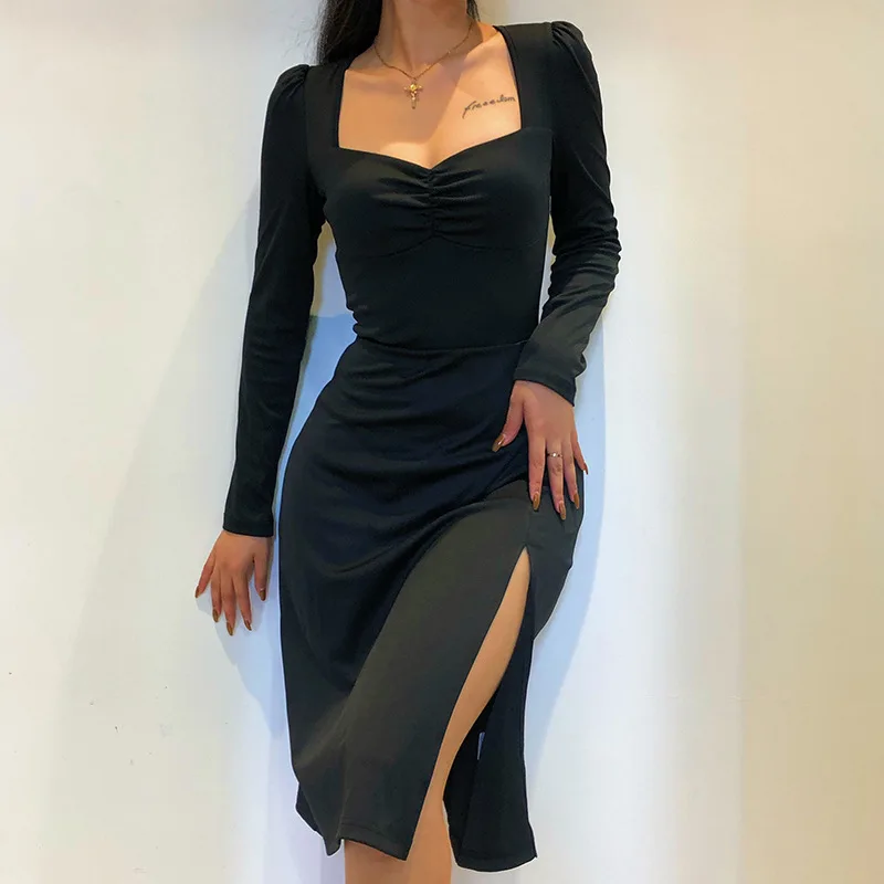

Autumn Sexy Square Neck Slim Tight-fitting Palace Style Split Hip Dress