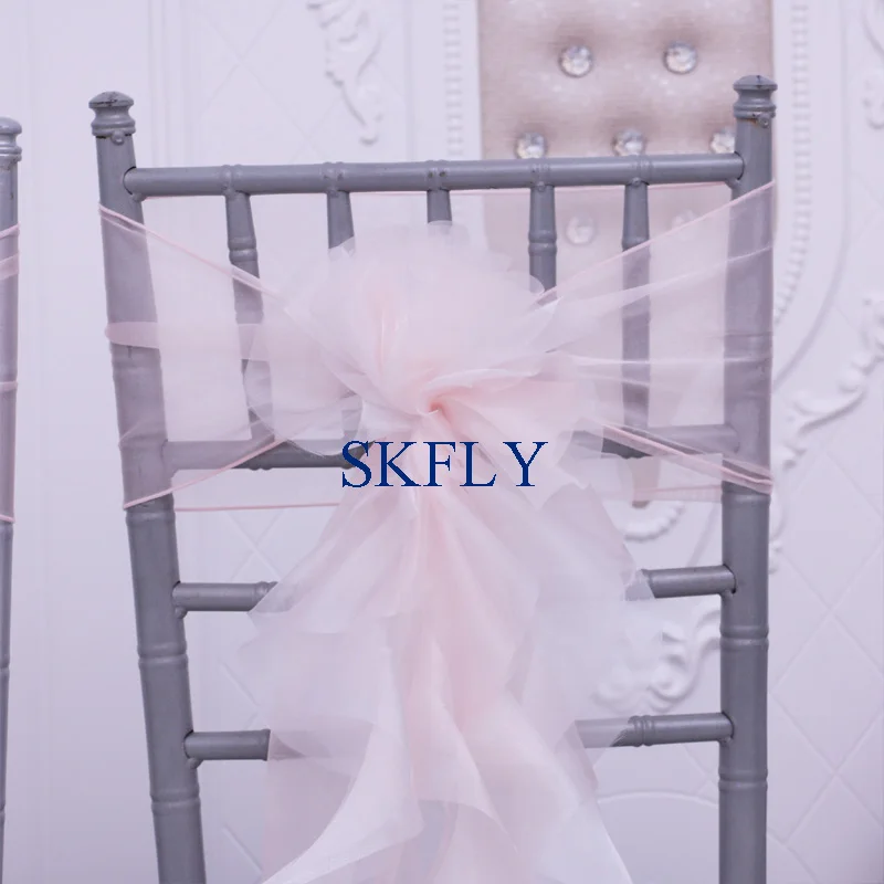 CH098B custom made cheap wedding nice light pink and ivory mixed organza curly willow frilly chair sash | Дом и сад