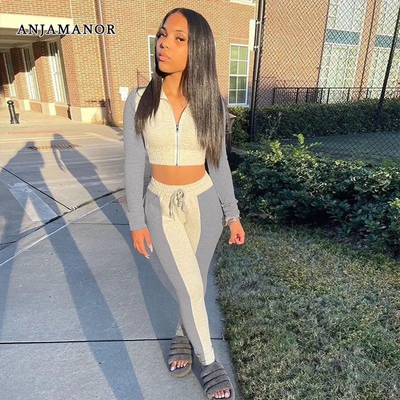 

ANJAMANOR Fashion Sporty 2 Piece Sets Womens Outfits Zip Up Jacket and Pants Suit Ladies Track Suits Wholesale Items D60-DE39