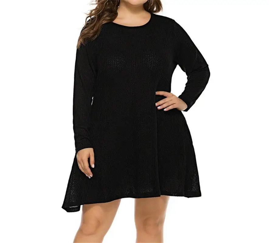 2021 Black Gray Blue Plus Size Women's Sweater Long Sleeved Summer Round Neck Loose And Comfortable Retro Knee Dress