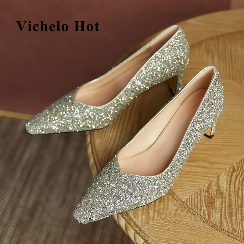 

Vichelo Hot large size genuine leather square toe high heels shallow concise style high street fashion slip on women pumps L8f1