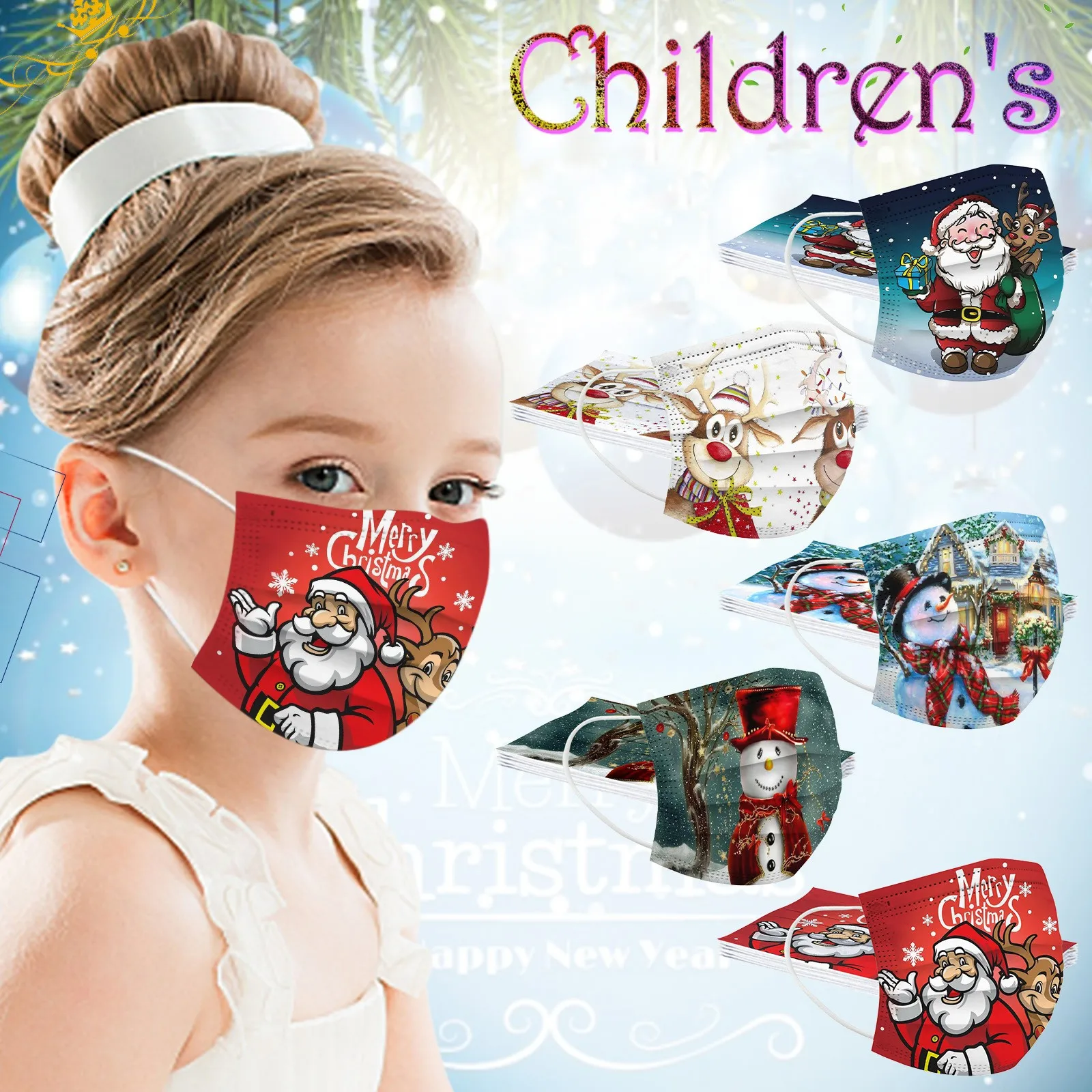 

10pcs Children's Christmas Disposable Face Mask Industrial Kids Protective 3-layer Mouth Mask Girls Boys Earloop Bandage Masks#