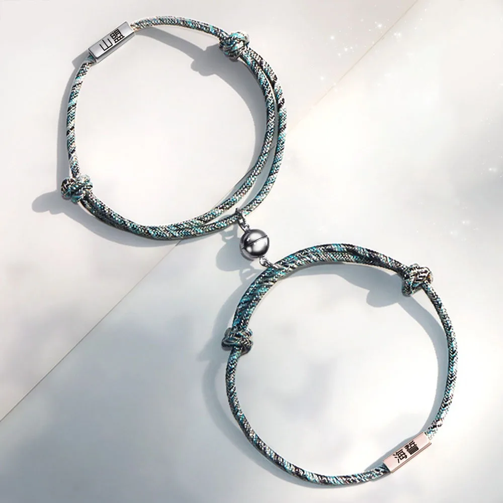 

A Pair Stainless Steel Letter Name Custom Adjustable Magnetic Couple Bracelet Personalized Woven Bracelet For Valentine's Day