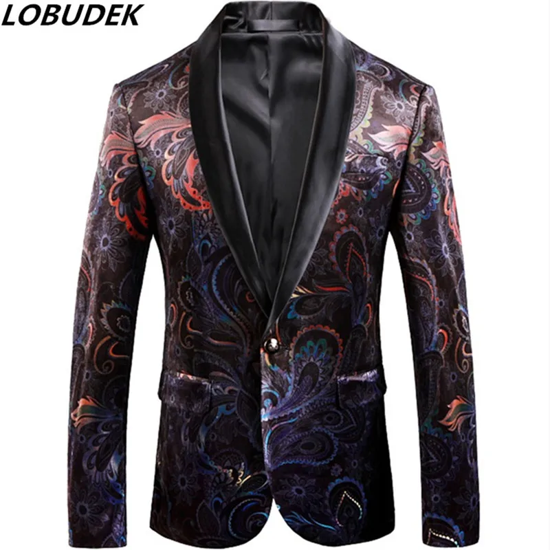 

Winter Men Velvet Vintage Printed Blazer Shawl Collar Fashion Slim Fit Wedding Suit Blazers Floral Pattern Coat Suit Jacket