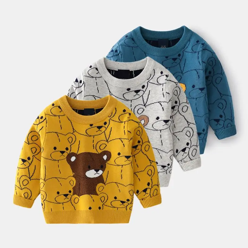 

Модный детский пуловер, свитер, осенне-зимний трикотажный джемпер для мальчиков с мультяшным медведем и круглым вырезом, детские свитеры, т...