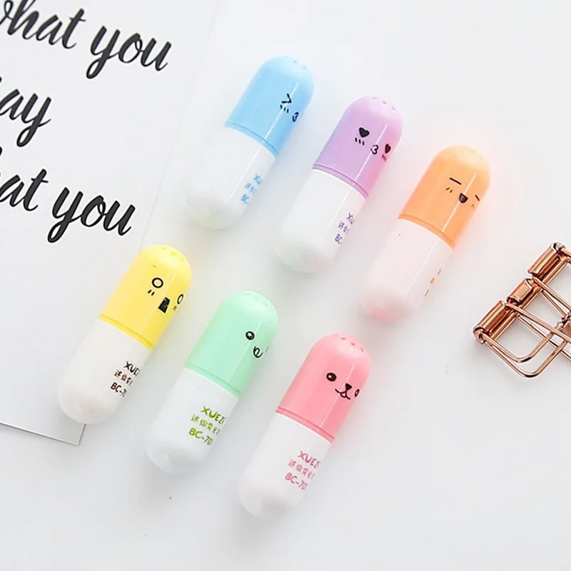 6pcs Cute Mini Smiling Face Pill Highlighter Lovely Cartoon Painting Pen Marking Pens Kawaii Stationery School Office Supplies|Маркеры| |