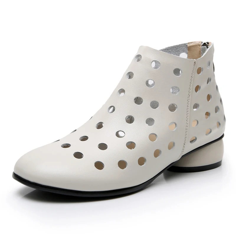 

2021 Summer Ankle Boots Genuine Leather Shoes Women Med High Heel Back Zipper Boots Cutout breathable