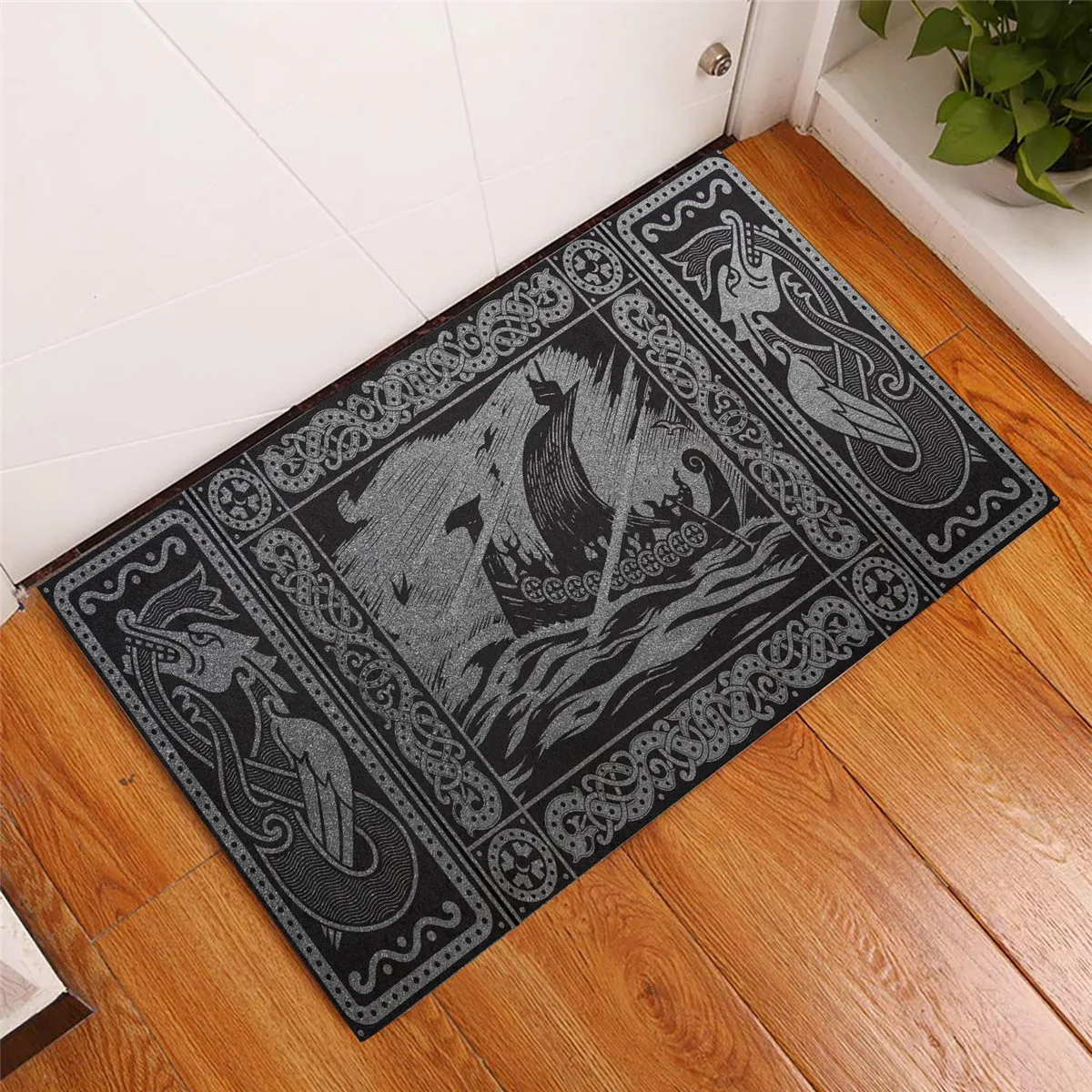 

Viking Celtic Drakkar Silver 3D All Over Printed Doormat Non Slip Door Floor Mats Decor Porch Doormat