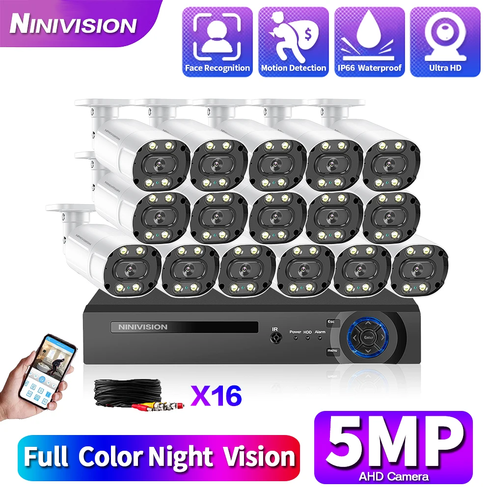 

NINIVISION H.265 16CH CCTV DVR Security Camera System Kit 5MP16PCS Outdoor AI Face Detection AHD Video Surveillance Camera Kit